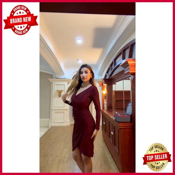 Glitter Party Dress V Neck Long Sleeve Faux Wrap Ruched Bodycon Sparkly - Picture 5 of 7